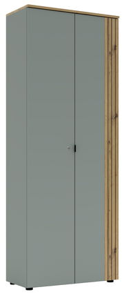 Moderner Büroschrank in grauer Farbe mit Holzakzenten, Frontalansicht