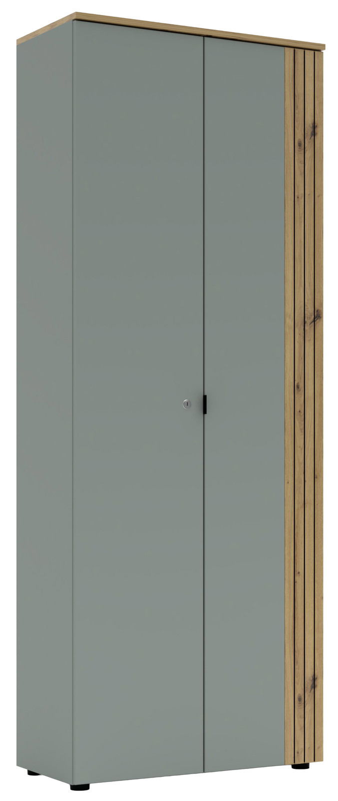 Moderner Büroschrank in grauer Farbe mit Holzakzenten, Frontalansicht