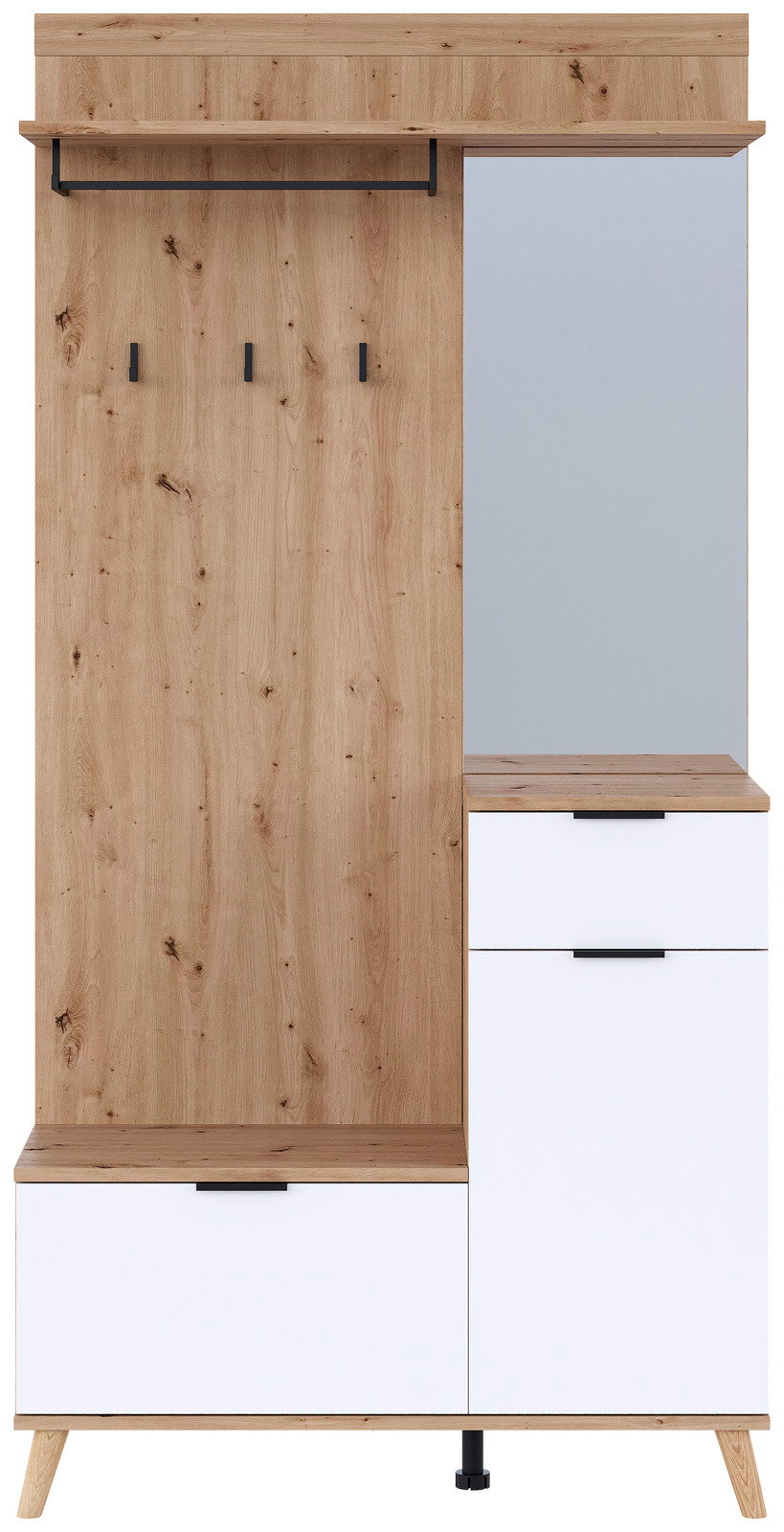 Kompaktgarderobe aus Holz mit Spiegel, Haken und Schubladen, Frontalansicht