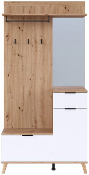 Kompaktgarderobe aus Holz mit Spiegel, Haken und Schubladen, Frontalansicht