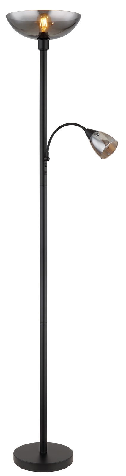 Moderne Stehleuchte BLADE in schwarzem Design mit zwei Leuchtquellen, fotografiert aus einer frontalen Perspektive.