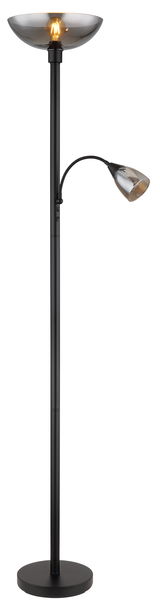 Moderne Stehleuchte BLADE in schwarzem Design mit zwei Leuchtquellen, fotografiert aus einer frontalen Perspektive.