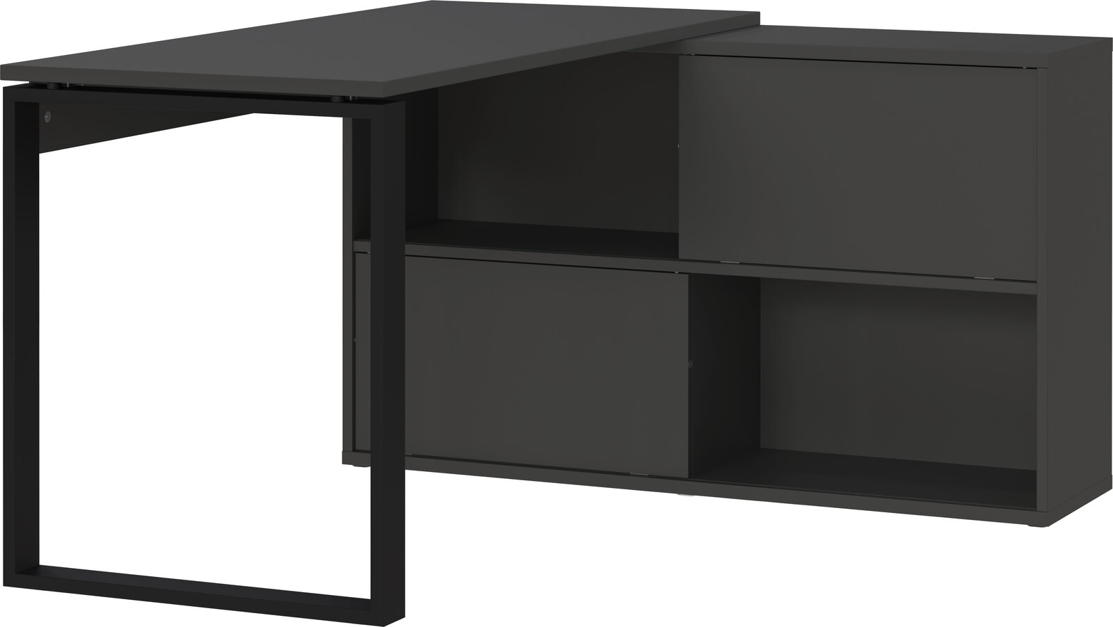 Schwarzer Winkelschreibtisch mit modernem Design, seitliche Perspektive