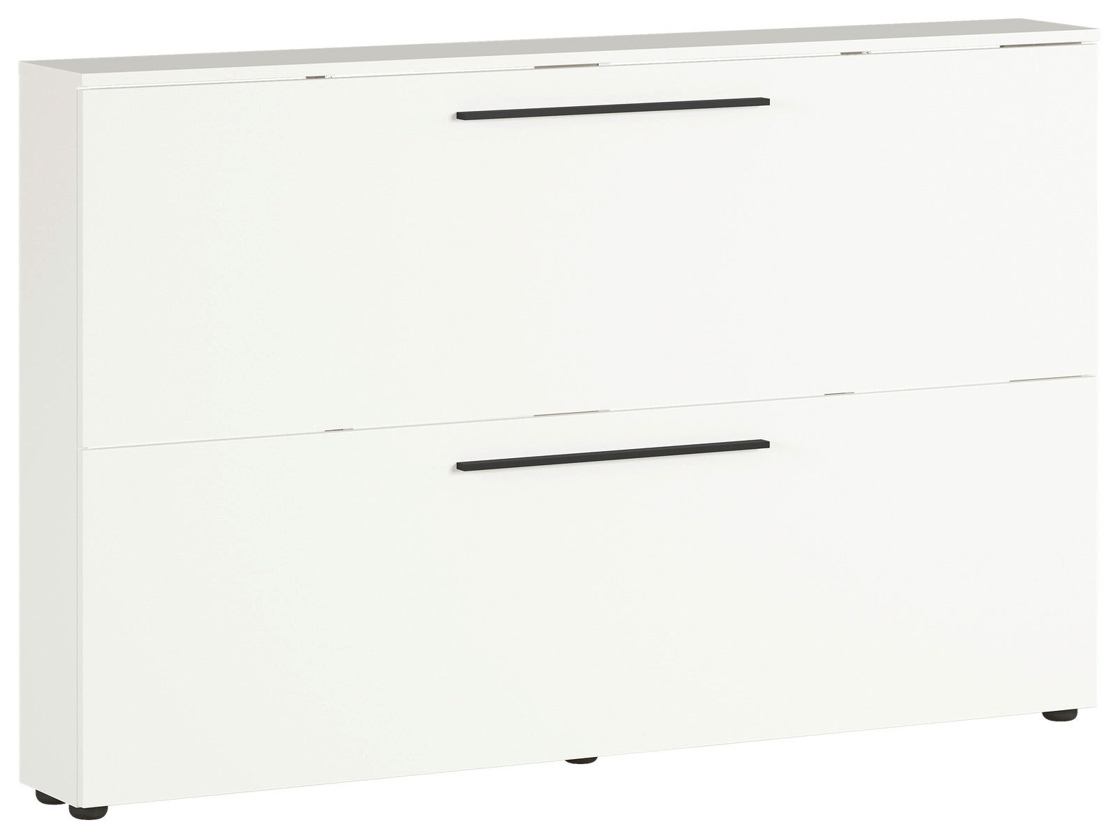 Weißer Schuhschrank mit zwei Klappen und schwarzen Griffen, seitliche Perspektive