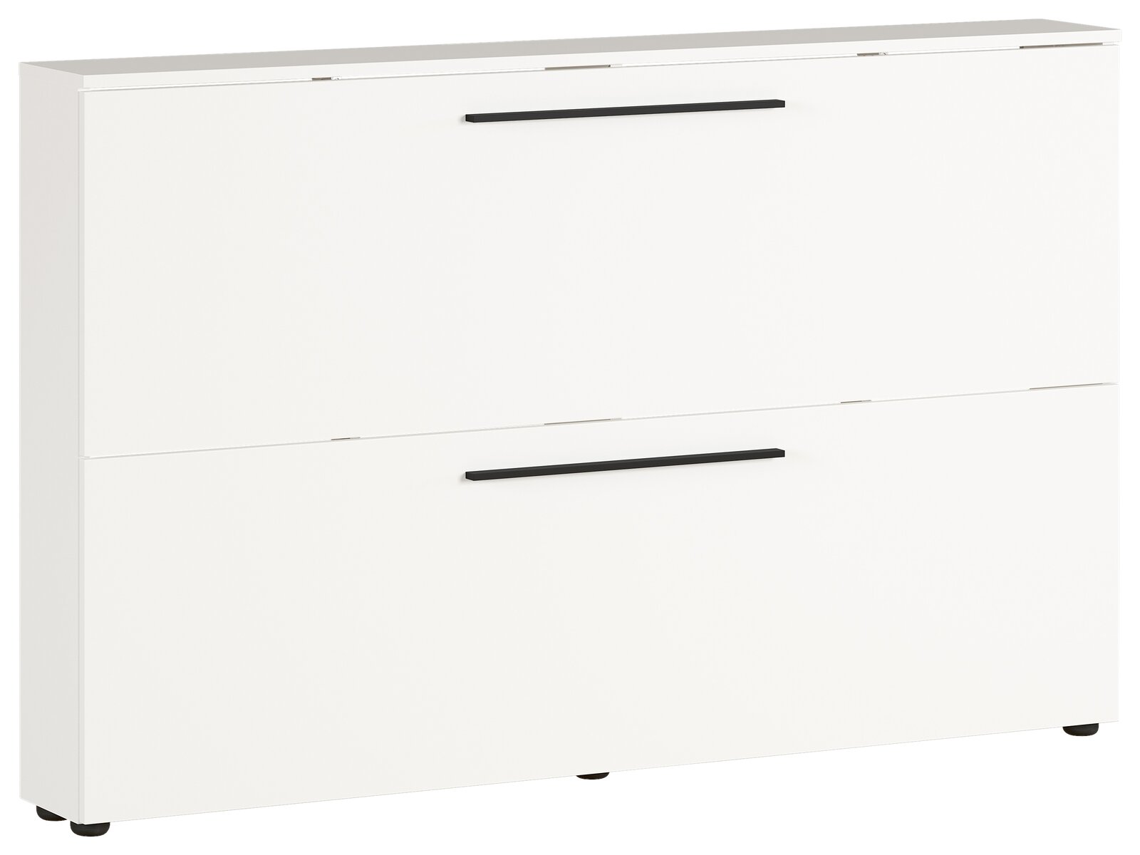 Weißer Schuhschrank mit zwei Klappen und schwarzen Griffen, seitliche Perspektive