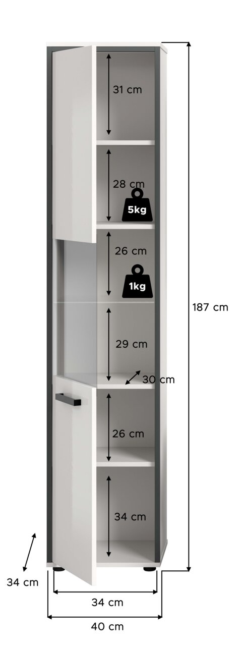Hoher, schmaler Hochschrank in Weiß mit teils verglaster Tür und schwarzem Griff, geöffnet und mit mehreren Einlegeböden; Maßgrafik zeigt Höhe 187 cm sowie Breite/Tiefe ca. 40/34 cm und Fachhöhen (31/28/26/29/26/34 cm) inkl. Belastbarkeit 5 kg und 1 kg; P