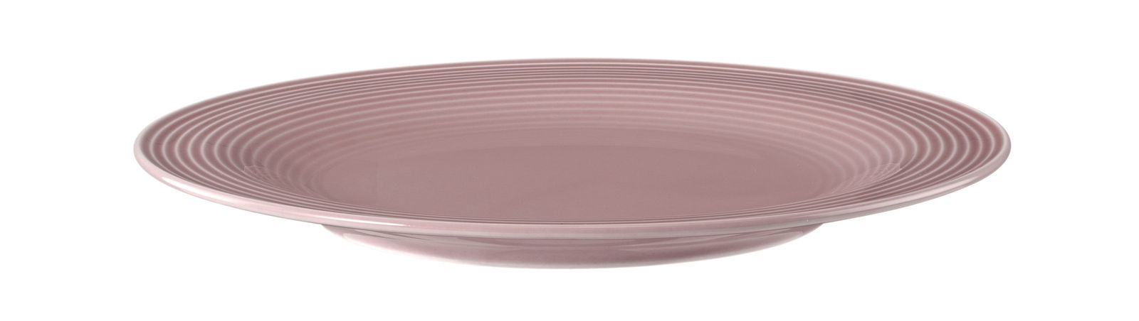 Runder Frühstücksteller 23 cm in Rosa mit Rillenmuster, seitliche Perspektive