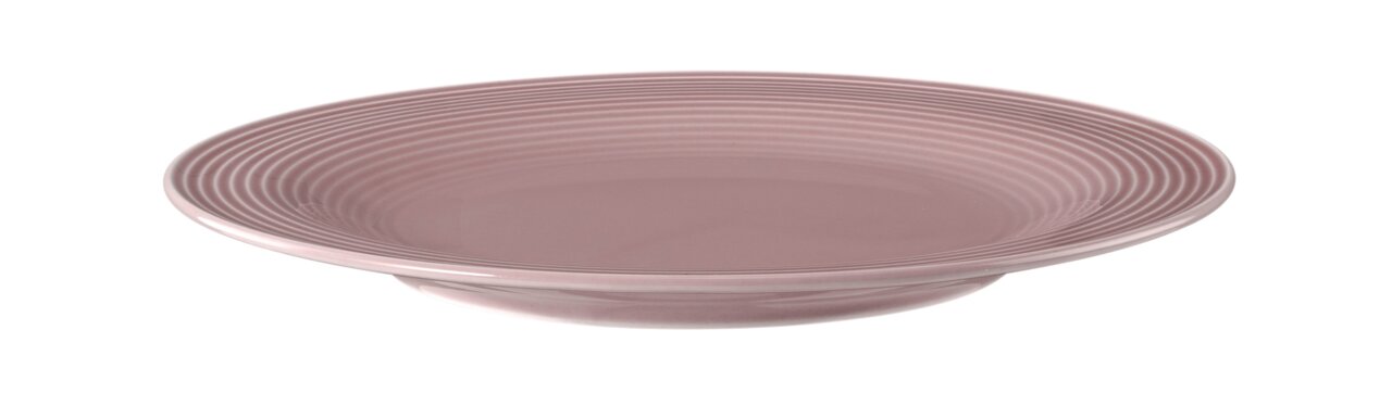 Runder Frühstücksteller 23 cm in Rosa mit Rillenmuster, seitliche Perspektive