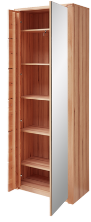 Offener Garderobenschrank aus Holz mit mehreren Regalböden und einer Spiegeltür, seitliche Perspektive