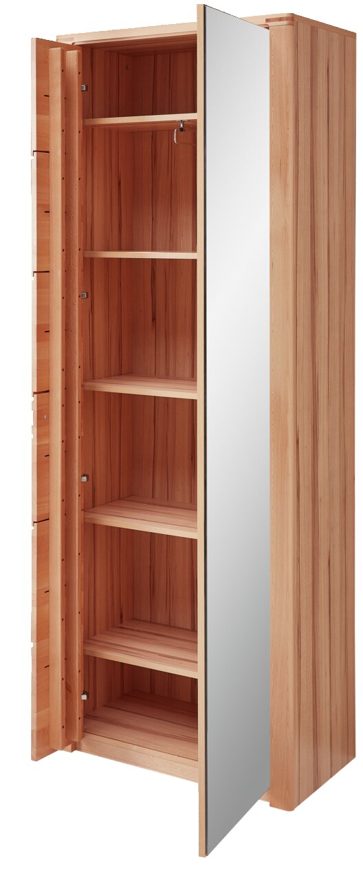 Offener Garderobenschrank aus Holz mit mehreren Regalböden und einer Spiegeltür, seitliche Perspektive