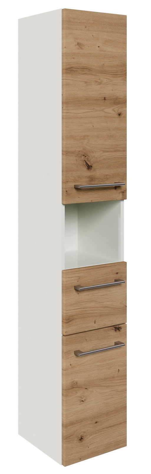 Hochschrank mit Holzoptik-Fronten und weißen Seiten, Frontalansicht
