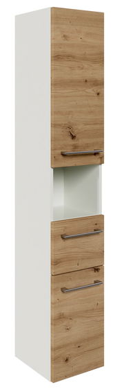 Hochschrank mit Holzoptik-Fronten und weißen Seiten, Frontalansicht