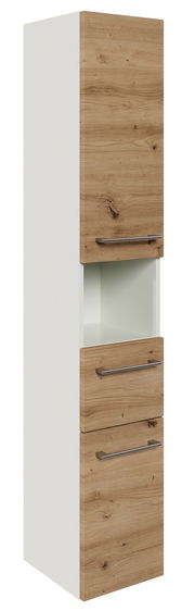 Hochschrank mit Holzoptik-Fronten und weißen Seiten, Frontalansicht