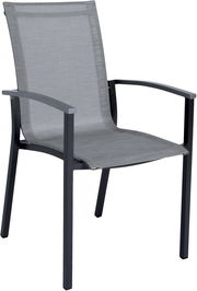Grauer Stapelsessel aus Metall mit Armlehnen, seitliche Perspektive
