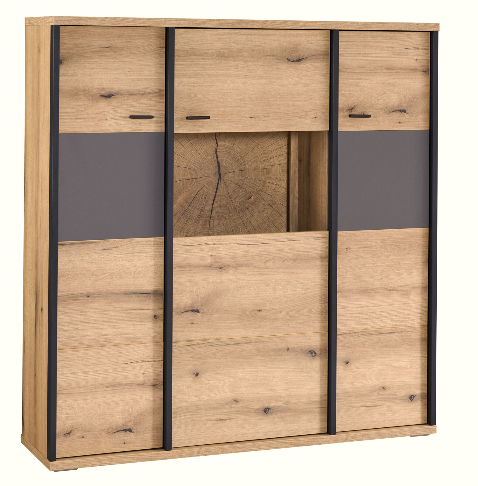 XORA Highboard MELO Frontansicht eines modernen Sideboards in Eiche-Optik mit schwarzen Metallrahmen, grauen Frontpaneelen, drei Türen und offenen Mittelfächern mit Holzquerschnitt-Design