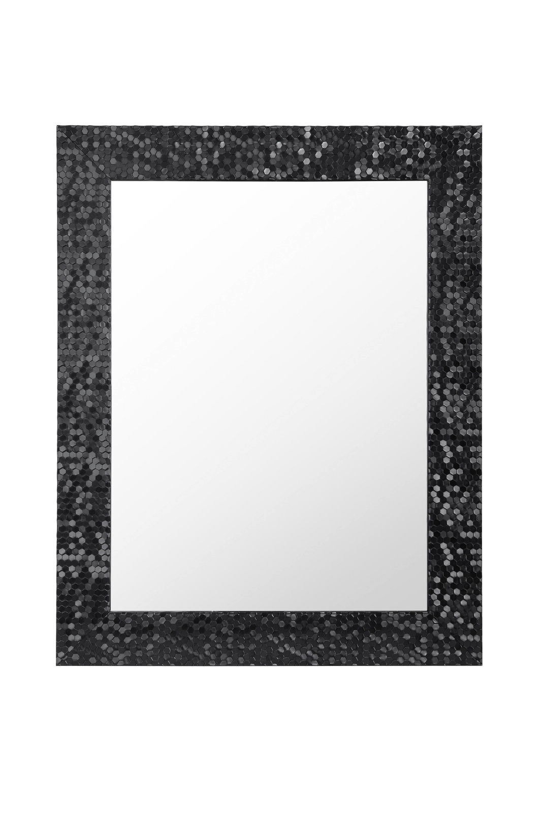 Rechteckiger Spiegel mit schwarzem, glänzendem Mosaikrahmen, frontal abgebildet.