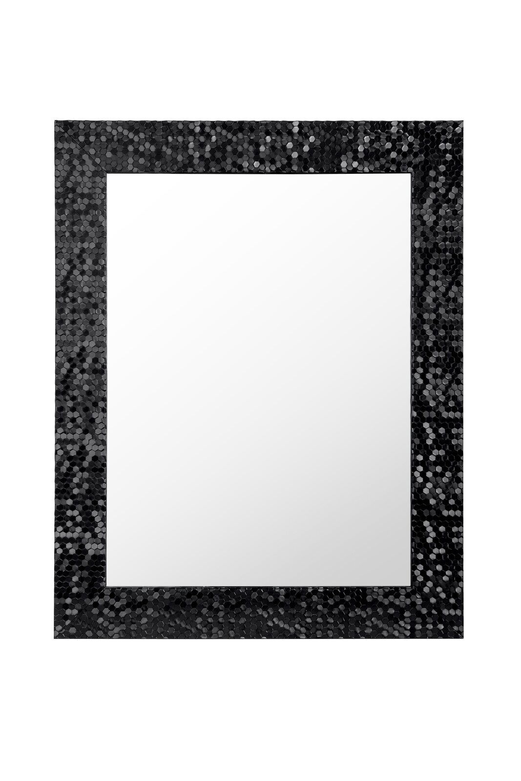 Rechteckiger Spiegel mit schwarzem, glänzendem Mosaikrahmen, frontal abgebildet.