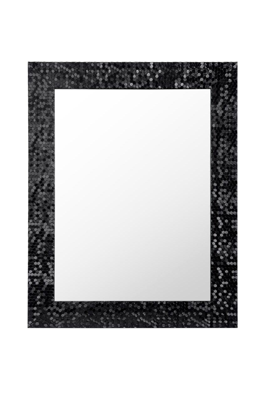 Rechteckiger Spiegel mit schwarzem, glänzendem Mosaikrahmen, frontal abgebildet.
