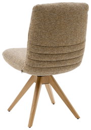 Achterkant van een moderne stoel met een gestoffeerde rugleuning en houten poten.