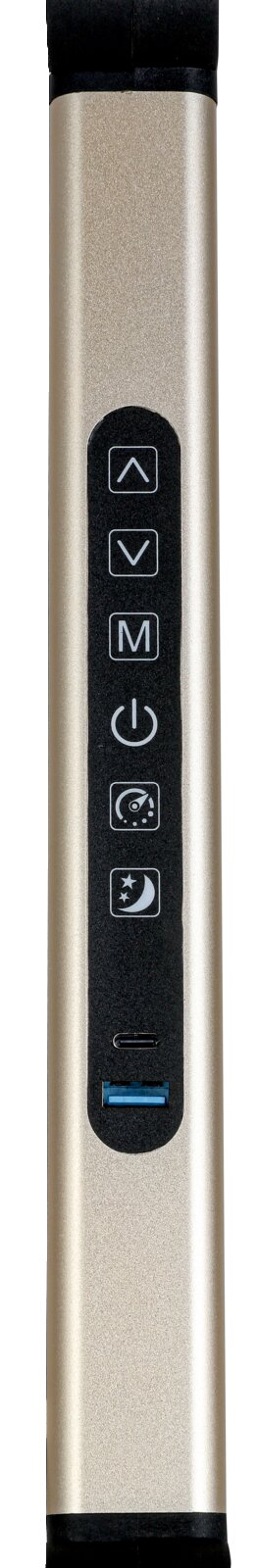 Frontalansicht einer goldfarbenen elektronischen Steuereinheit mit vertikaler Tastenleiste (Pfeil hoch/runter, M, Power, Timer/Display, Nachtmodus) sowie USB‑C- und USB‑A-Anschluss unten