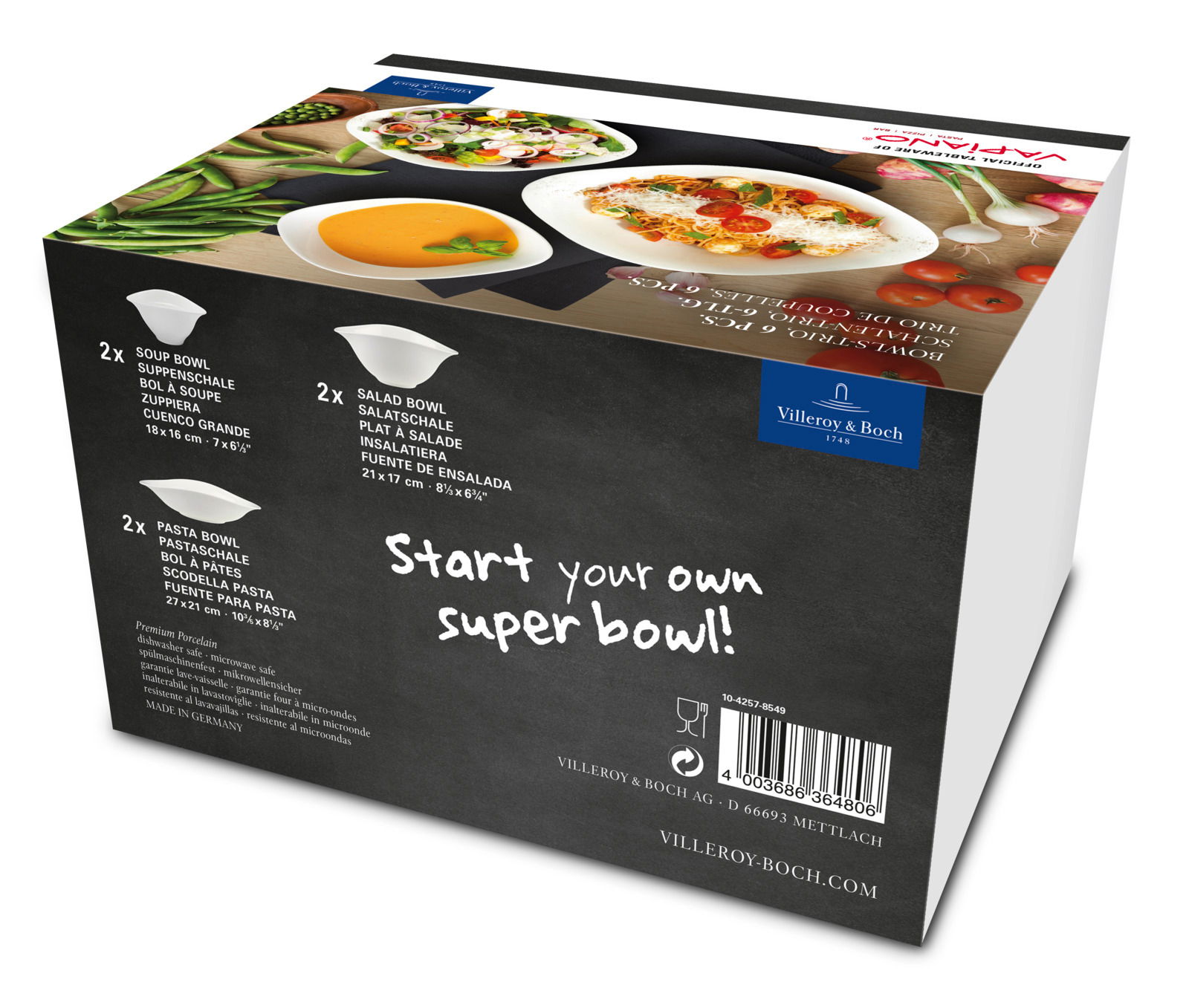 Starter-Set 6-teilig Vapiano von Villeroy & Boch, bestehend aus Suppenschalen, Salatschalen und Pastaschalen, seitliche Perspektive.