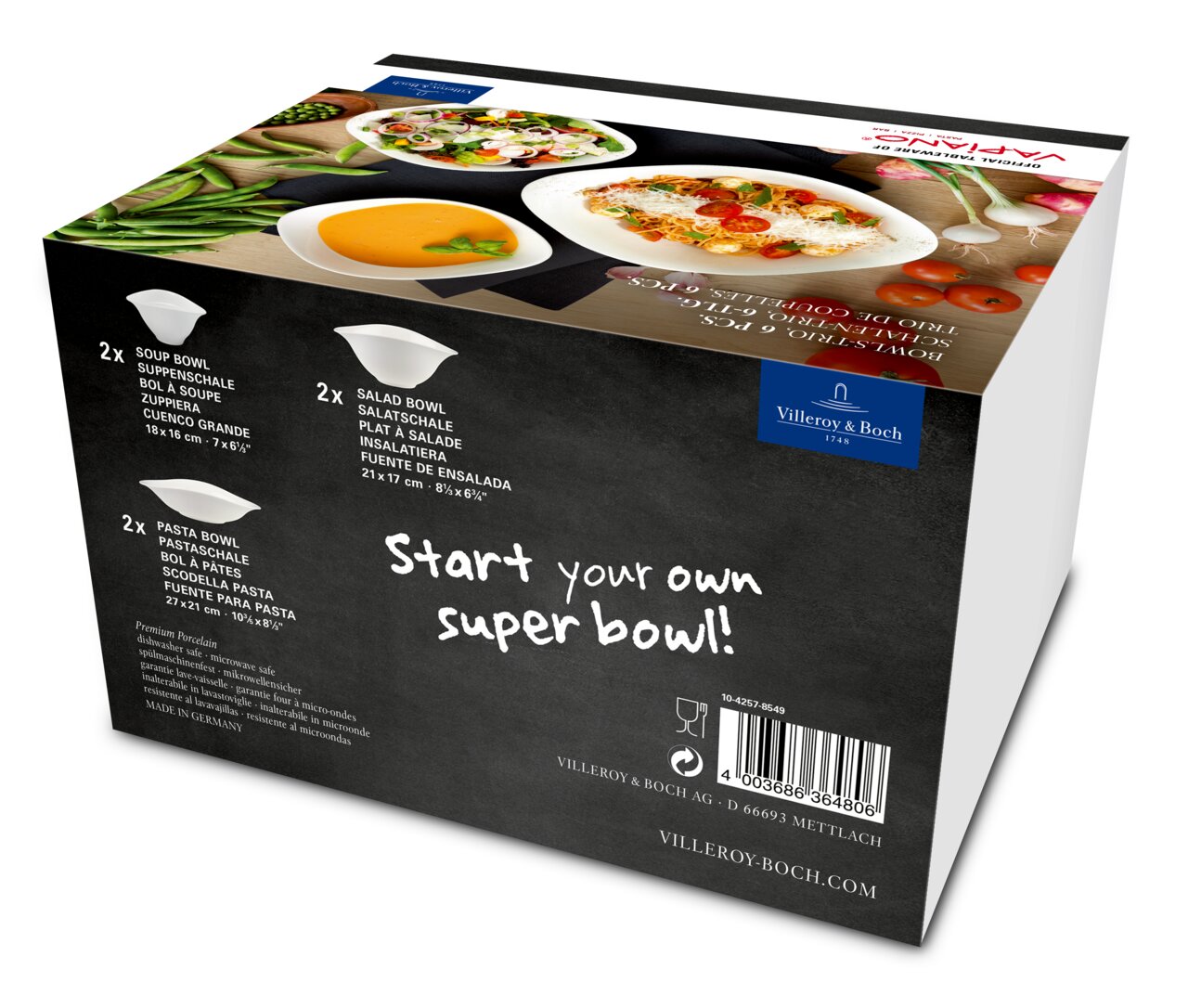 Starter-Set 6-teilig Vapiano von Villeroy & Boch, bestehend aus Suppenschalen, Salatschalen und Pastaschalen, seitliche Perspektive.