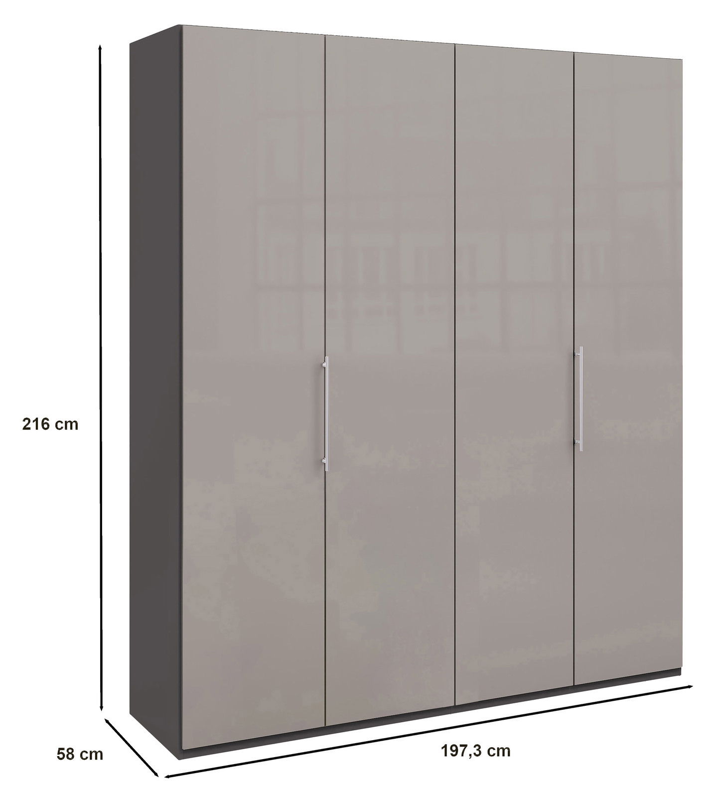 Panoramaschrank mit vier Türen, graue Front, silberne Griffe, Maße: 216 cm hoch, 197,3 cm breit, 58 cm tief, seitliche Perspektive