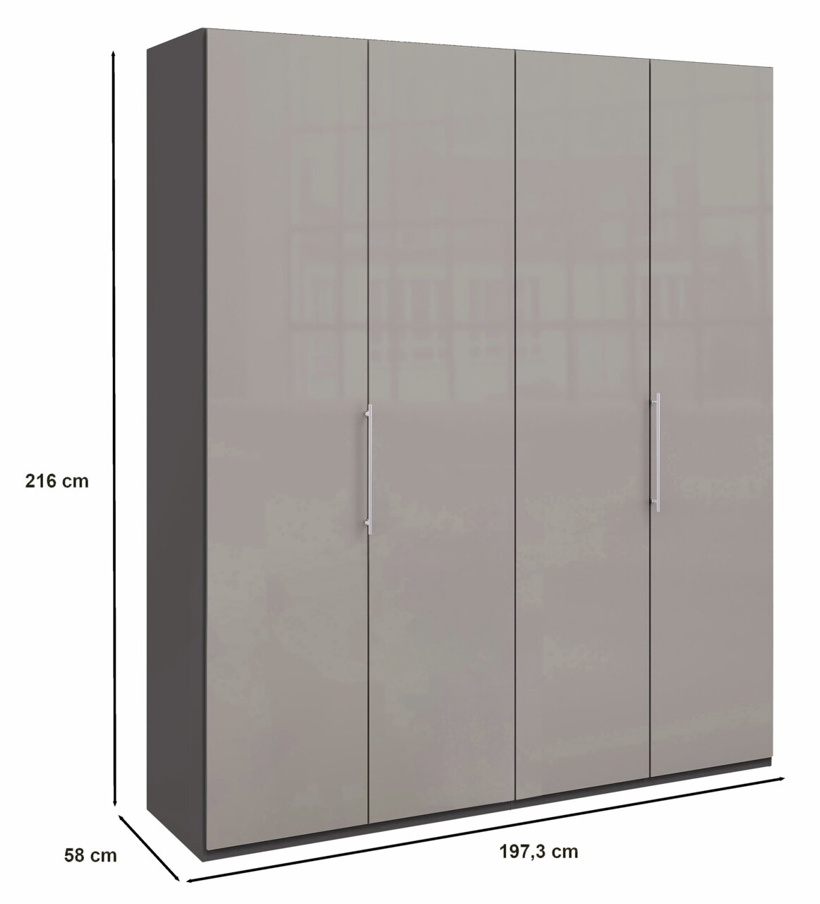 Panoramaschrank mit vier Türen, graue Front, silberne Griffe, Maße: 216 cm hoch, 197,3 cm breit, 58 cm tief, seitliche Perspektive