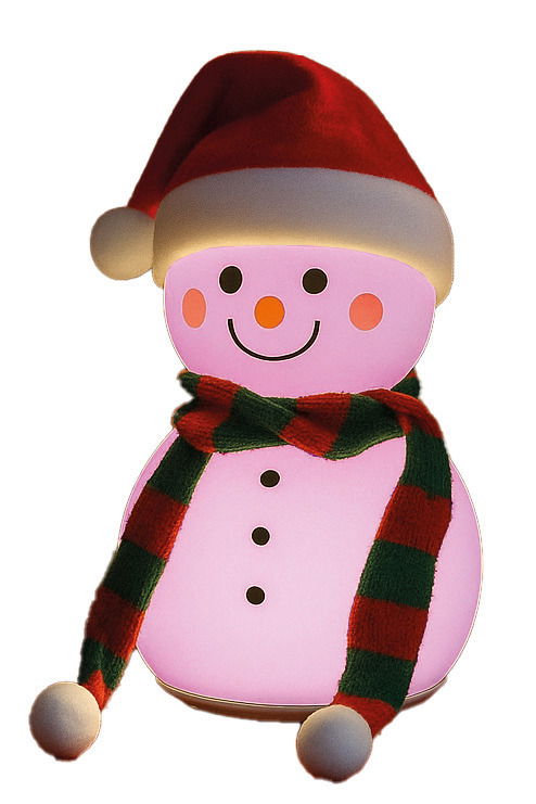 Frontalansicht einer Akku-Tischleuchte in Form eines Schneemanns mit roter Mütze und gestreiftem Schal.