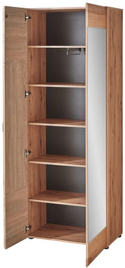 Garderobenschrank aus Holz mit geöffneter Tür, fünf Regalböden und einem Spiegel an der rechten Seite, Perspektive von vorne links.