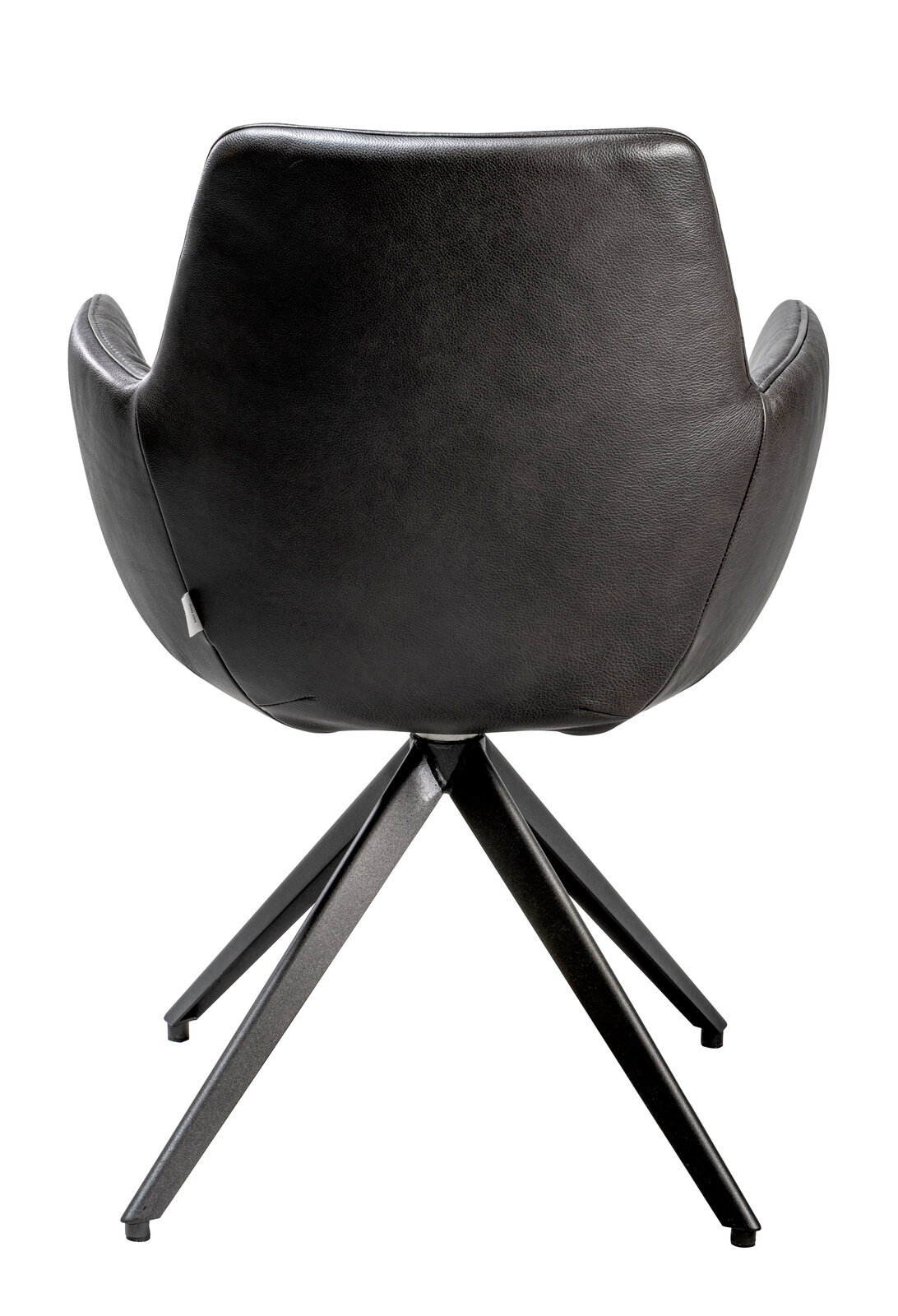 Rückansicht eines modernen Sessels mit schwarzem Lederbezug und Metallbeinen.