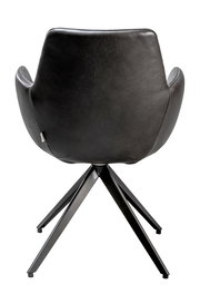 Rückansicht eines modernen Sessels mit schwarzem Lederbezug und Metallbeinen.