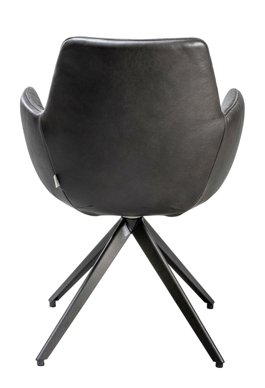 Rückansicht eines modernen Sessels mit schwarzem Lederbezug und Metallbeinen.