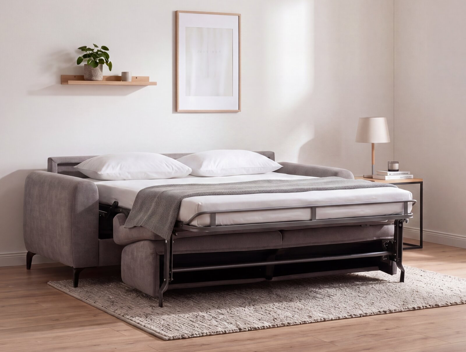 Grijze slaapbank met uitgeklapt metalen bedframe en wit beddengoed in een moderne woonkamer, gefotografeerd vanuit een licht zijdelings perspectief.
