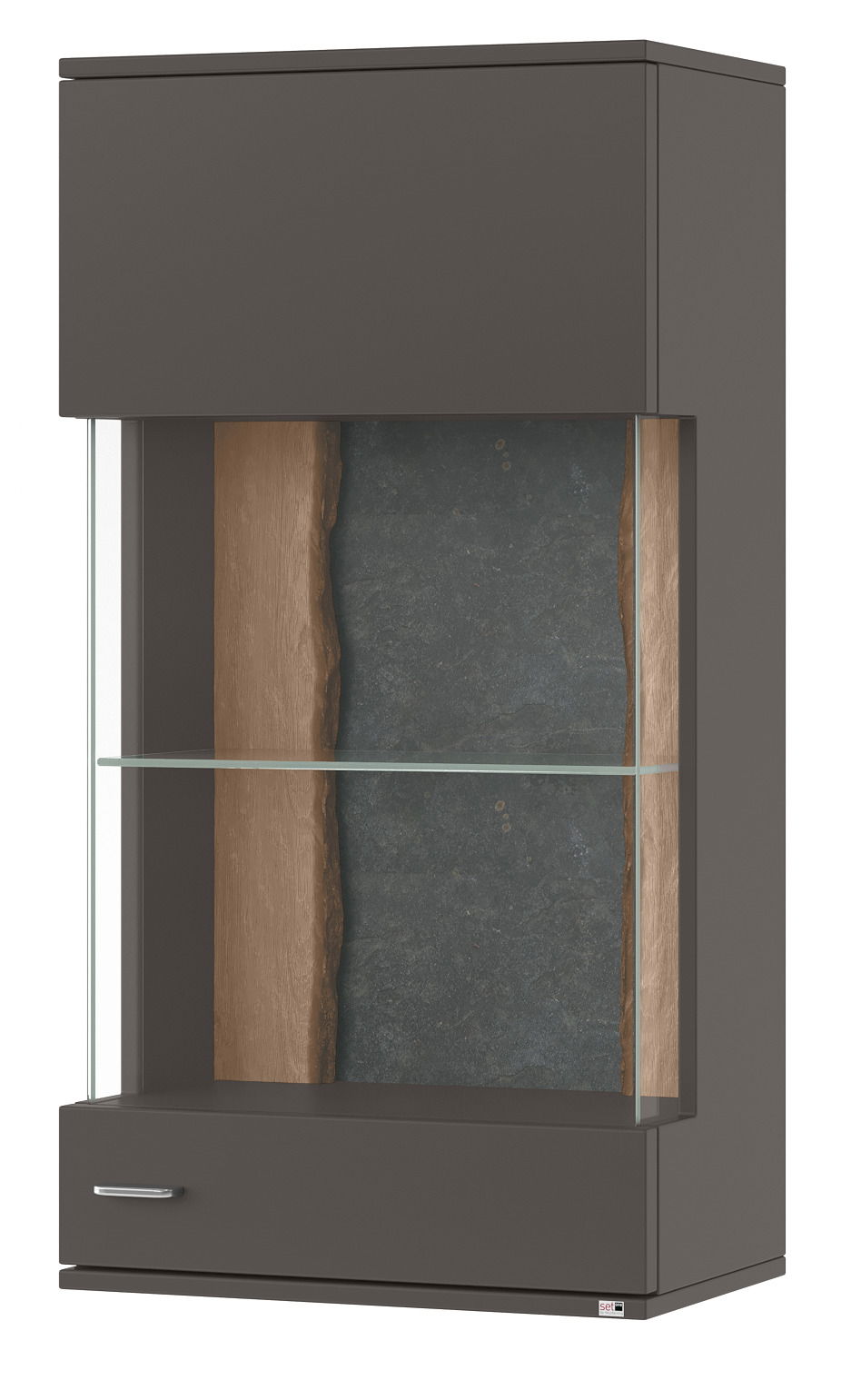 Hängevitrine TACOMA von Set one by Musterring in dunklem Holz mit Glaselementen, seitliche Perspektive