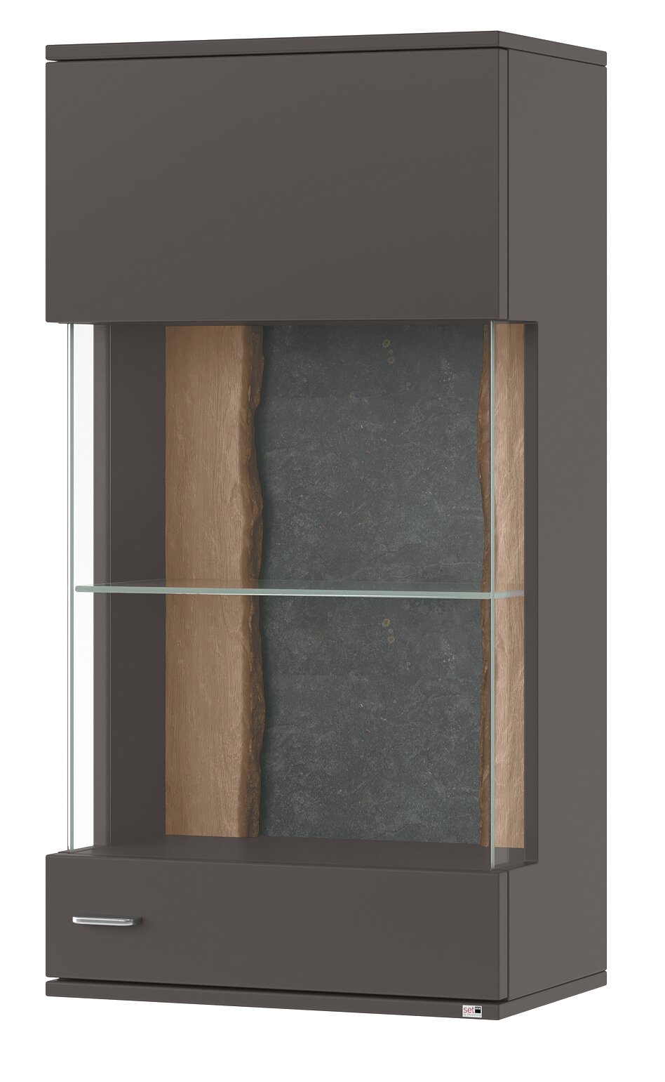 Hängevitrine TACOMA von Set one by Musterring in dunklem Holz mit Glaselementen, seitliche Perspektive