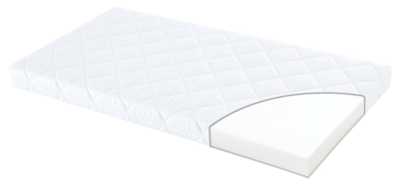 Weiße Matratze 60x120 cm mit abgerundeter Ecke, seitliche Perspektive