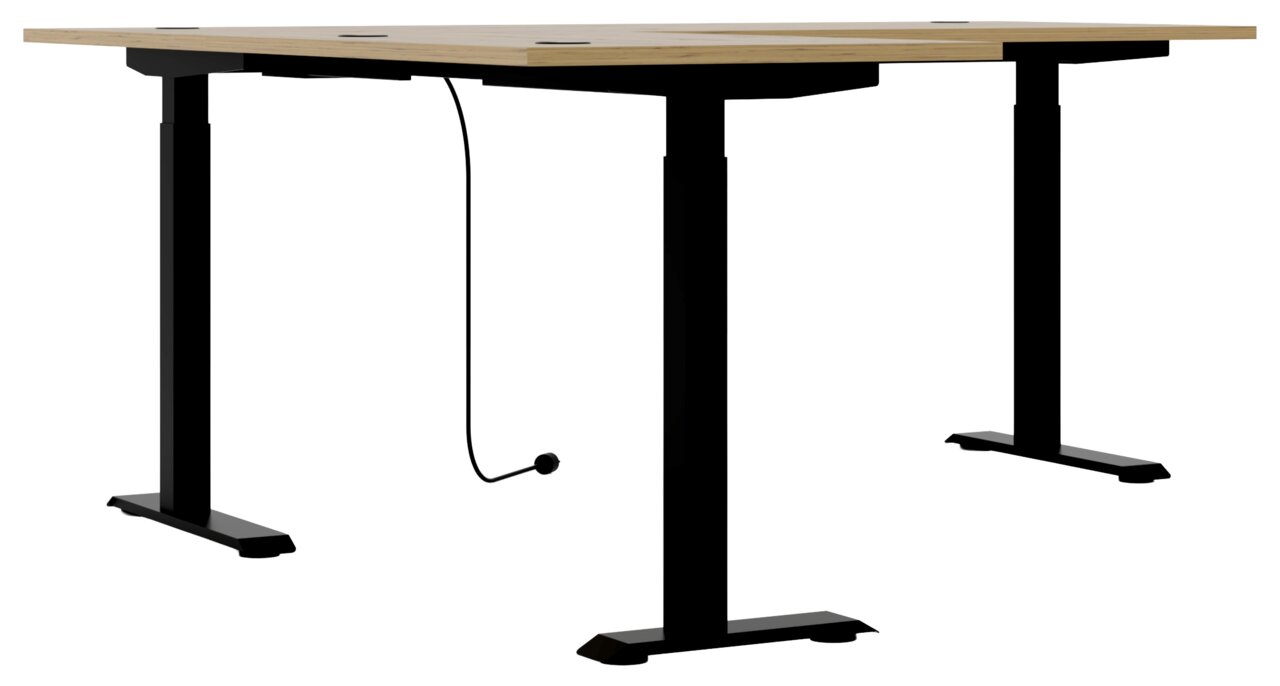 Moderner Eckschreibtisch mit schwarzem Gestell und heller Holzplatte, seitliche Perspektive