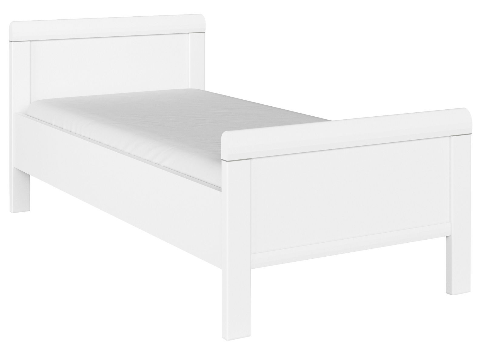 Intro Komfortbett RUDI Weißes Komfortbett aus Holz in seitlicher Perspektive