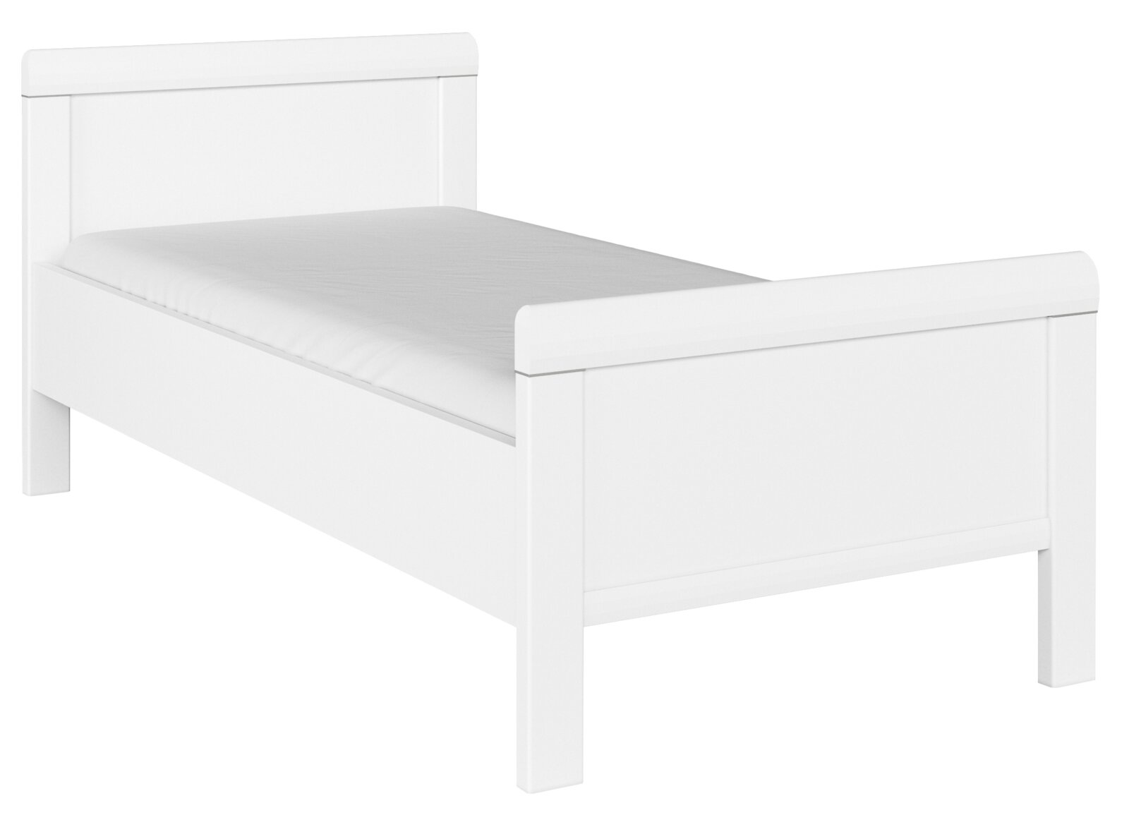 Intro Komfortbett RUDI Weißes Komfortbett aus Holz in seitlicher Perspektive