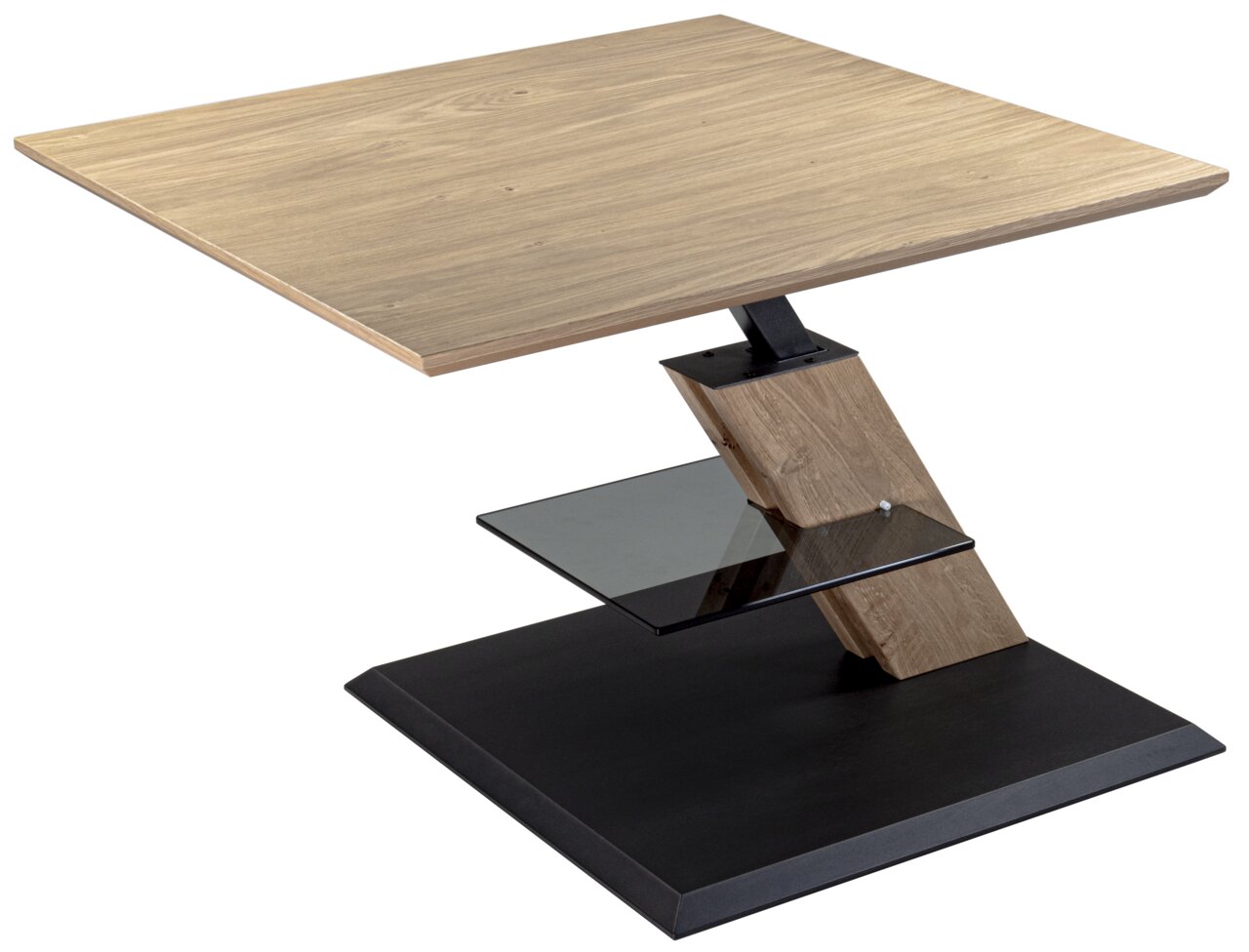 Zurbrüggen Couchtisch Moderner Couchtisch mit Holzplatte, schwarzem Glasregal und schrägem Holzfuß, seitliche Perspektive