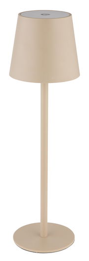 Beige Akku-Tischleuchte Vannie in Frontalansicht mit schlichtem, modernem Design.