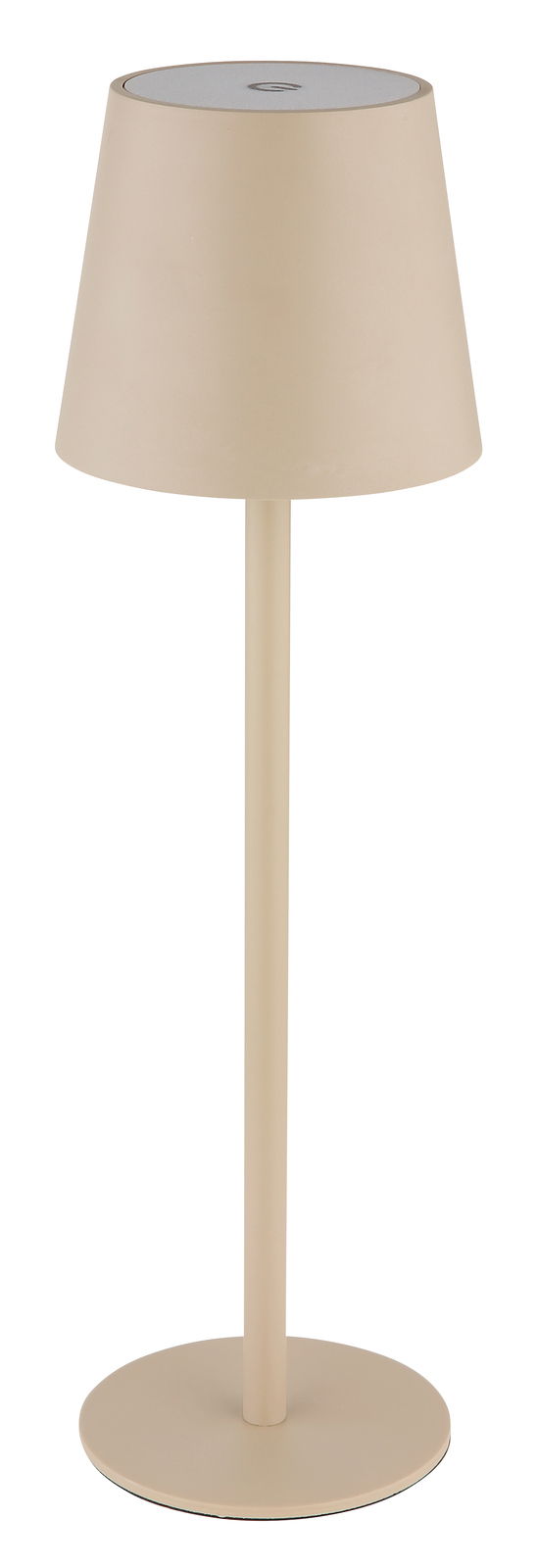 Beige Akku-Tischleuchte Vannie in Frontalansicht mit schlichtem, modernem Design.