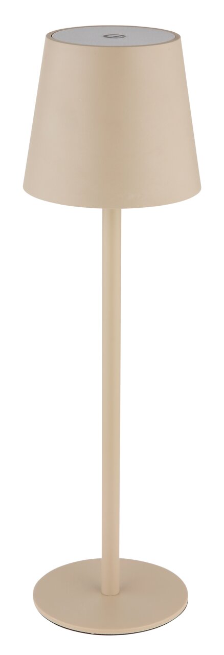 Beige Vannie-batterijtafellamp in vooraanzicht, met een strak, modern ontwerp.