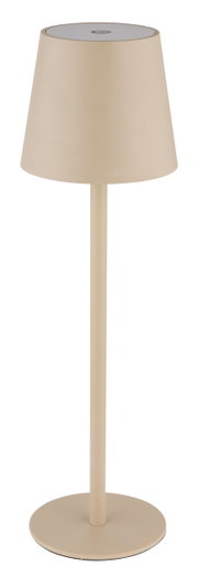 Beige Vannie-batterijtafellamp in vooraanzicht, met een strak, modern ontwerp.