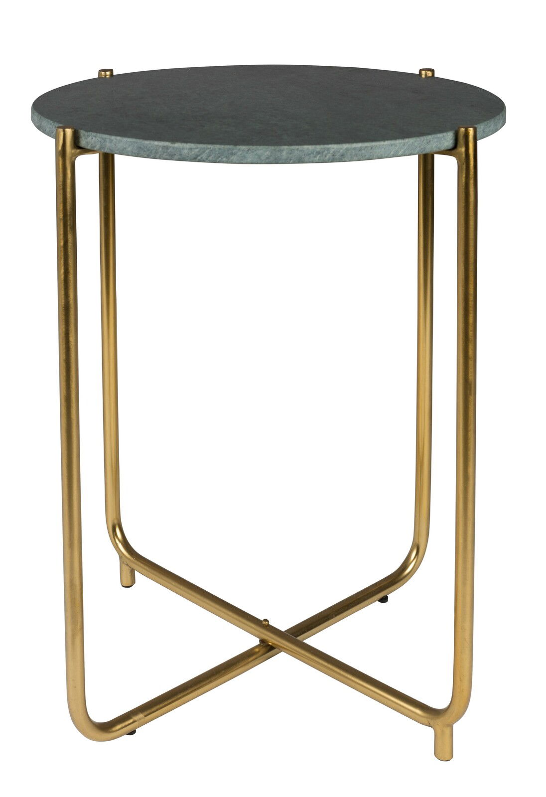 Runder Beistelltisch mit goldfarbenem Metallgestell und dunkler Tischplatte, seitliche Perspektive