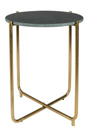 Runder Beistelltisch mit goldfarbenem Metallgestell und dunkler Tischplatte, seitliche Perspektive