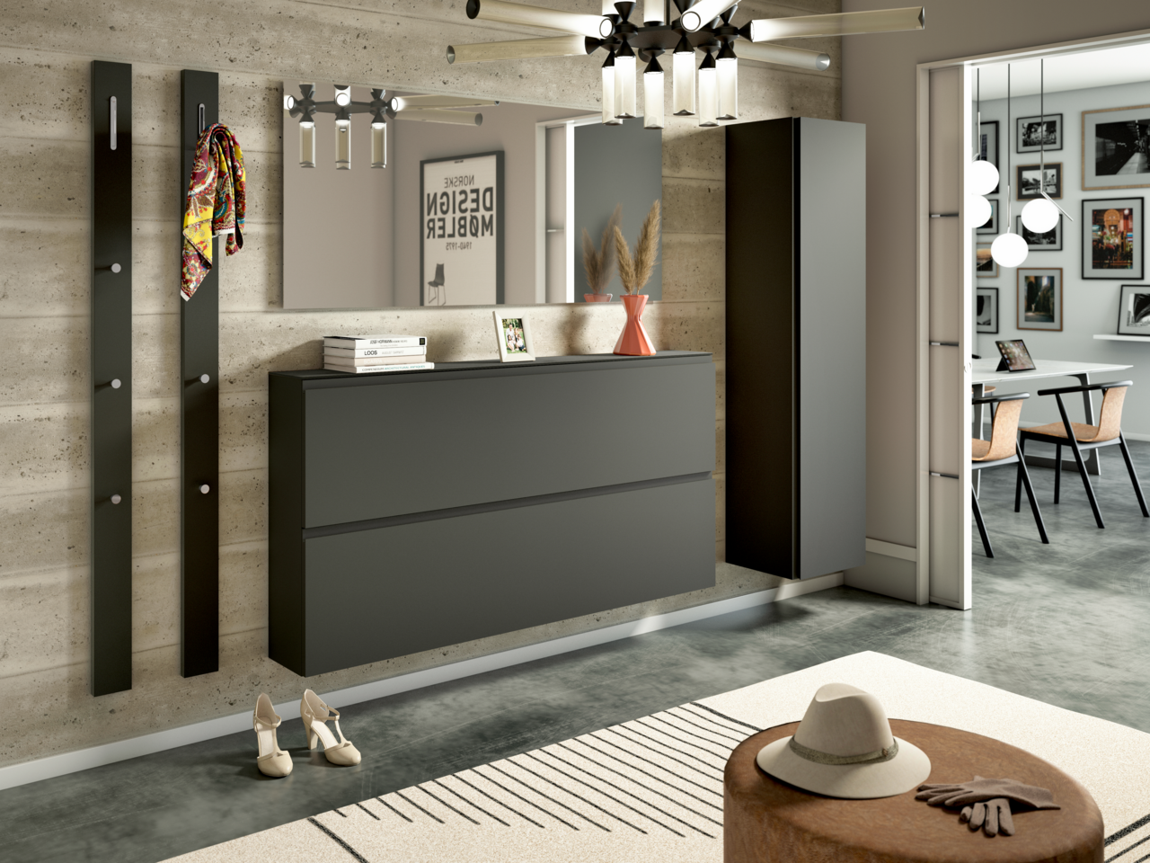 Moderner XL-Hängeschuhschrank in dunklem Grau, frontal abgebildet in einem stilvollen Flur mit Spiegel, Wandhaken und dekorativer Beleuchtung.