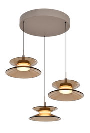 Moderne hanglamp met drie warmwitte lichtbronnen, rookbruin glazen schijven en een ronde plafondkap, schuin van onderen weergegeven.