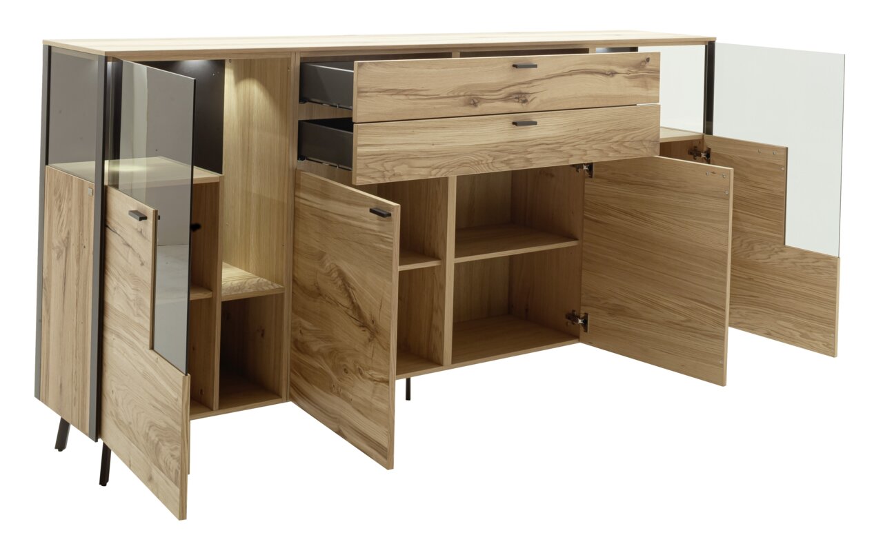 Offenes Sideboard aus Holz mit mehreren Schubladen und Türen, Perspektive von vorne